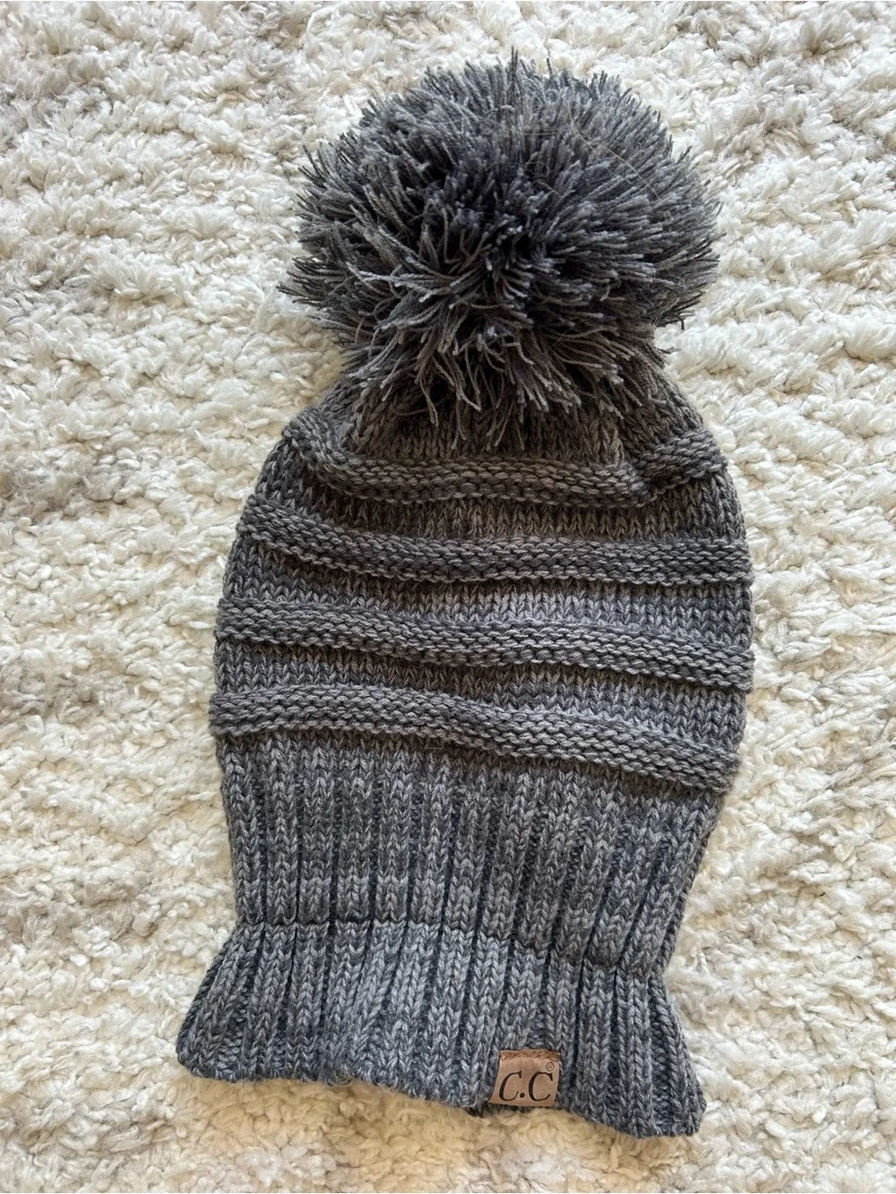 C.C Gray Knit Pom Beanie with Leather Logo